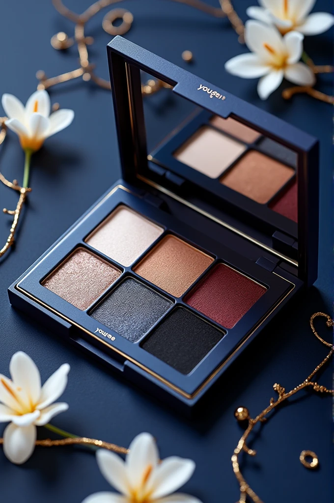 create an eyeshadow palette.
design on the outside: dark blue, offwhite e detalhes dourados.
design inside: mirror with golden edges and in the shape of simple golden flower branches. 6 cores: dark blue, offwhite, brilho offwhite, wine, black and brown. 
brand in tampa: You&Me