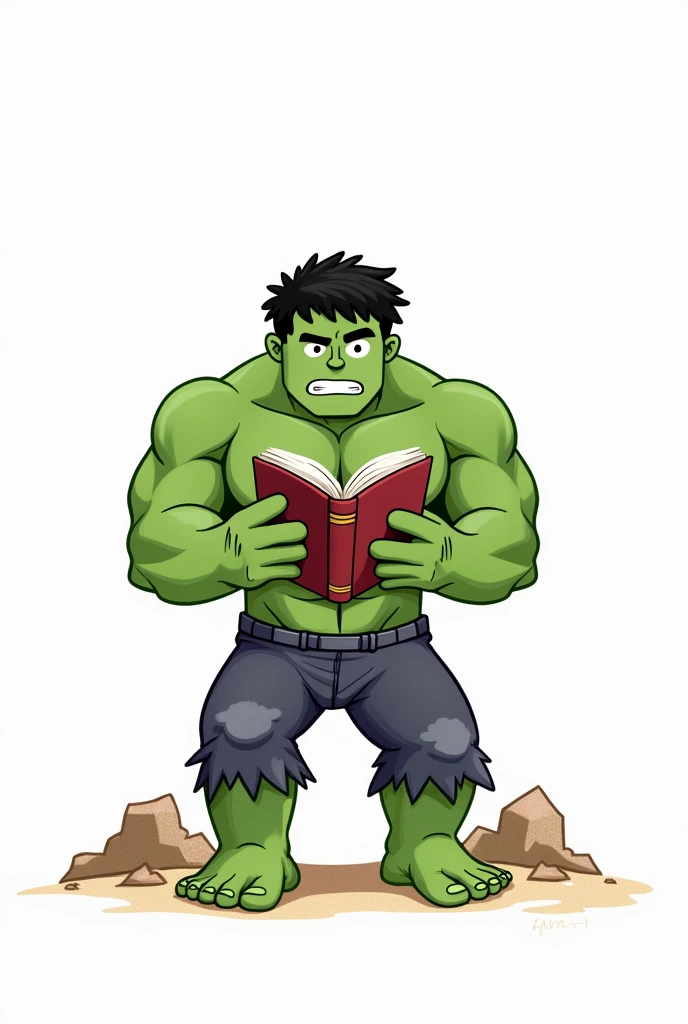 Create an illustration for children'coloring book, which can be used in the Zara store. Leave the clothes and background colorless., so that children can color them to their liking. Hulk reading the holy bible. Full-body image. white background, with nothing.