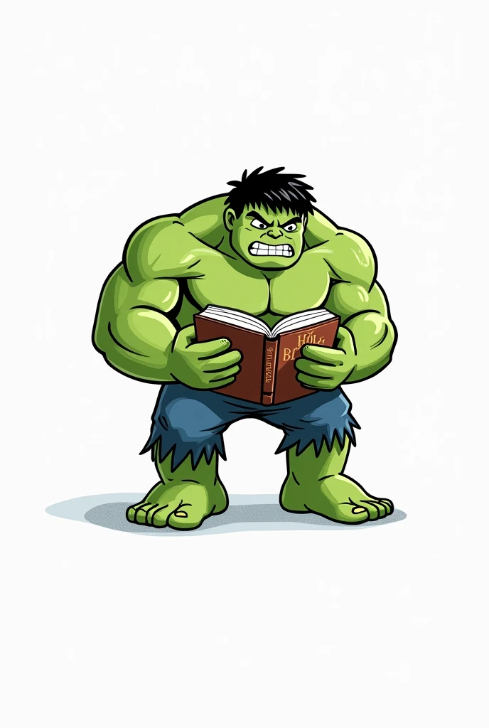 Create an illustration for children'coloring book, which can be used in the Zara store. Leave the clothes and background colorless., so that children can color them to their liking. Hulk reading the holy bible. Full-body image. white background, with nothing.