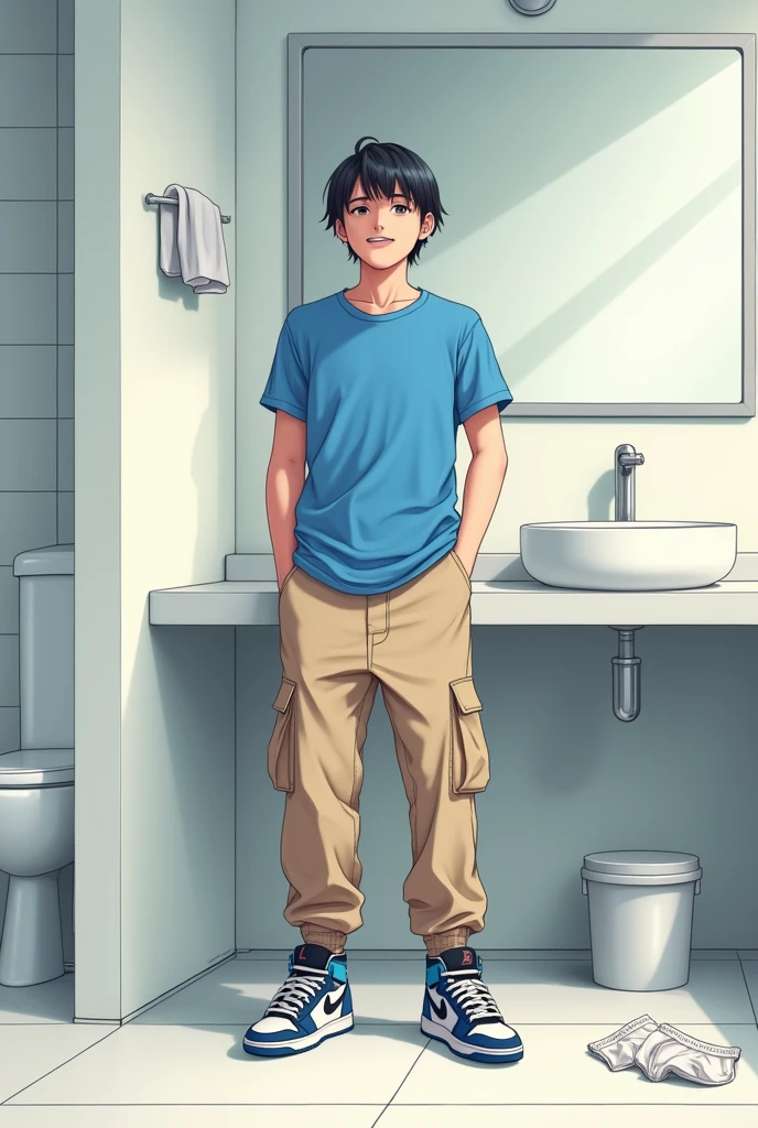 into the image, a cool teenager , with white skin and straight black hair, is posing in a bathroom. He wears a blue t-shirt and beige cargo pants., complemented by a pair of Air Jordan sneakers in blue, black andwhite. The young man is in a bathroom and in the background there are underwear (of the boxer model), this underwear is white (medium-sized), These underwear are thrown near the trash,  and the teenager has a happy and relieved expression. The bathroom in the background is modern and minimalist., with details like a large mirror and light tiles. The teenager&#39;s expression is relaxed and fun, besides him appearing relieved, giving a casual and informal tone to the image, In anime style.