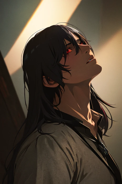 A man with short black hair, red eyes, expression of ecstasy/despair, (best quality,4k,8k,highres,masterpiece:1.2),ultra-detailed,(realistic,photorealistic,photo-realistic:1.37),HDR,UHD,studio lighting,ultra-fine painting,sharp focus,physically-based rendering,extreme detail description,professional,vivid colors,bokeh,dark,gritty,horror,dramatic lighting,chiaroscuro,muted colors