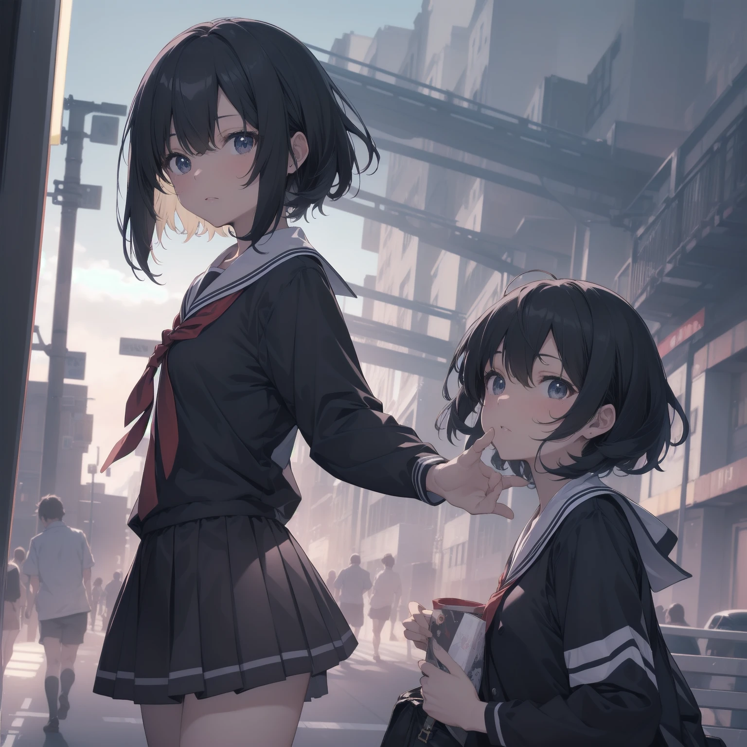 ultra-absurdres-Top quality by artist God, ultra-detailed, high resolution, anime moe artstyle, best anime 8k konachan wallpaper, pixiv contest winner, pool:2810, perfect anatomy,break, 1girl, (Please draw a girl walking sleepily to school alone. )break,(Solo,little female,15age:1.3),Full limbs, complete fingers,a junior high school student, (very short hair), short cut, flat chest, , small butt, small black eyes, beautiful detailed eyes, well-proportioned iris and pupils, expressive eyes, highres detailed hair, soft expression, salor school_uniform, sailor collar, serahuku, bow, pleated skirt,(Detailed Lighting), (Detailed background), in the School commute route. break,super detailed skin, Best cinematic lighting powered by famous artist, 8k,beauty illustration,photoshop_(medium),very aesthetic,break,((artist:echo_(circa) )), artist:clamp ,artist:carnelian ,artist:kantoku ,