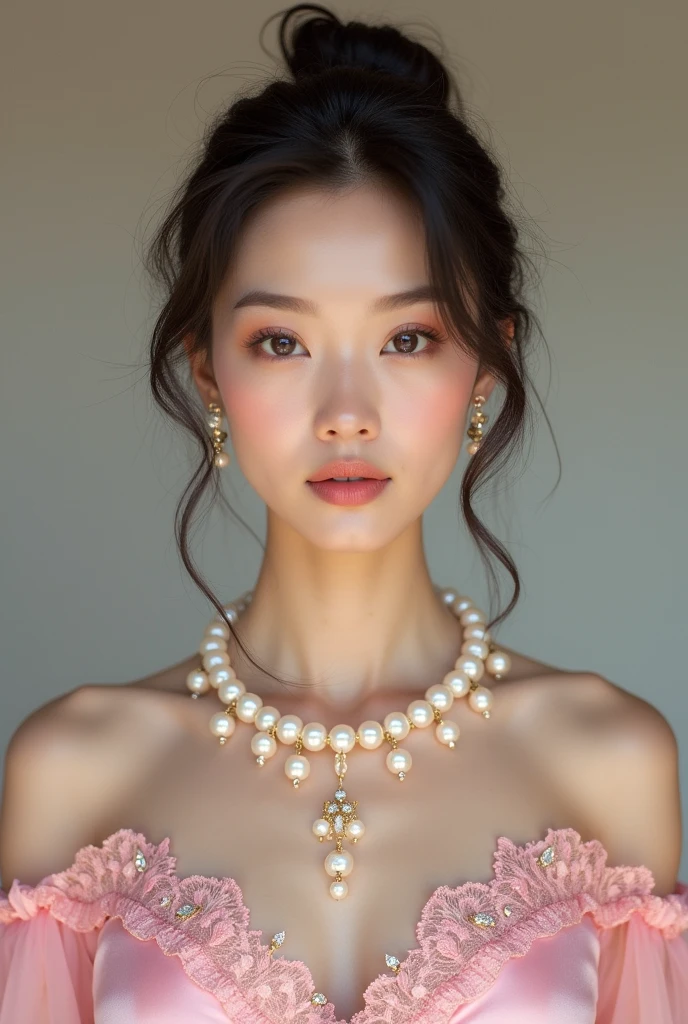 A sophisticated mature young woman wearing pink lolita clothing,Full body front,Asian,The skin is relatively white,Gorgeous clothing,Clothes have silky transparent lace,Gold wire trim,Gemstone embellishment,Pearl necklace hanging on the top