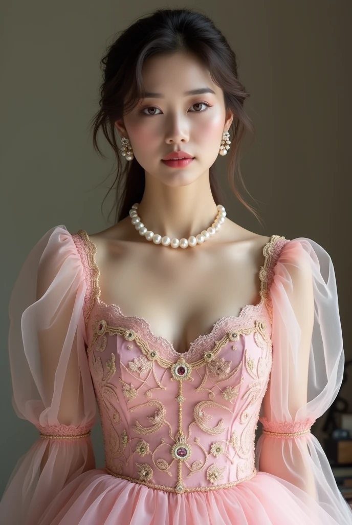 A sophisticated mature young woman wearing pink lolita clothing,Full body front,Asian,The skin is relatively white,Gorgeous clothing,Clothes have silky transparent lace,Gold wire trim,Gemstone embellishment,Pearl necklace hanging on the top