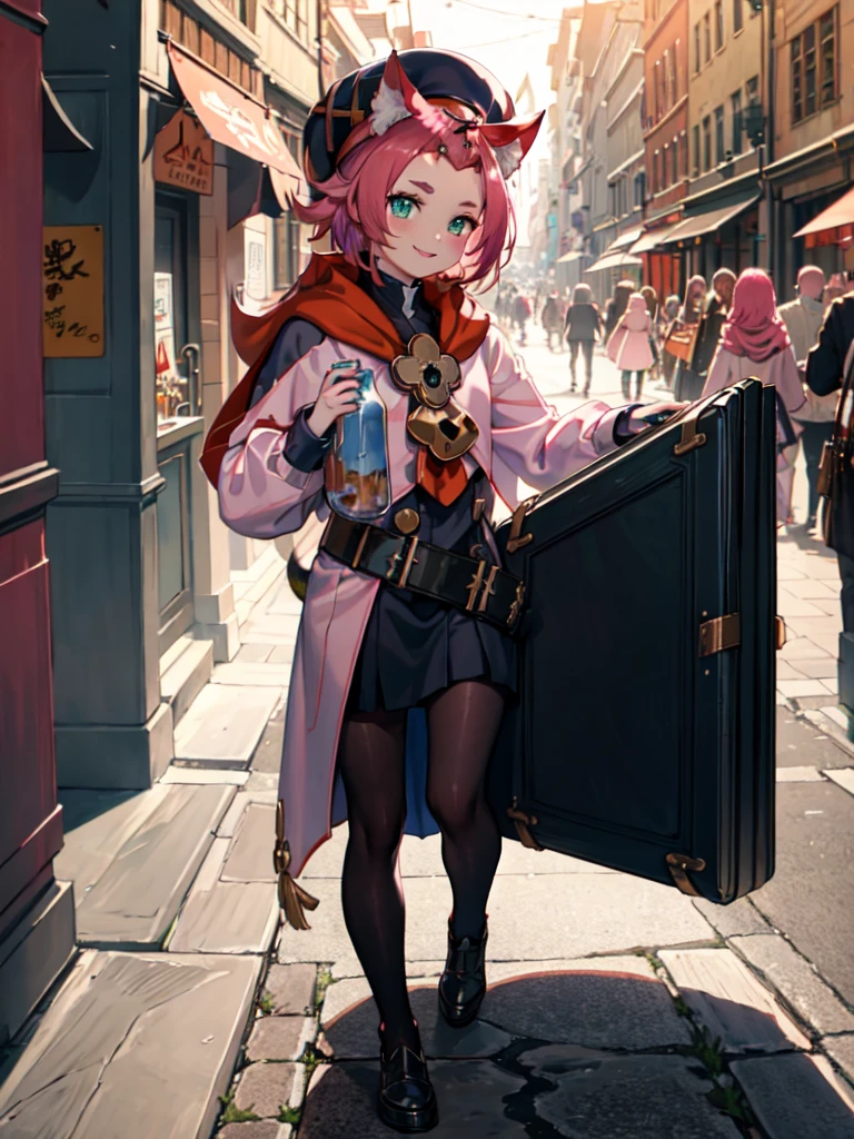 ((carrying a small fridge on your back)). masterpiece, best quality,fortress background, cinematic lighting , looking at a viewer, smile, pink hair, hat, cat ears, cat tail, green eyes, diona \(genshin impact\), dionadef, Full body, smile, walking, in the medieval city, 1girl, Black dress, corset, belt, black skirt, cloak, red cape, red hood, Green eyes, pink hair, pantyhose,