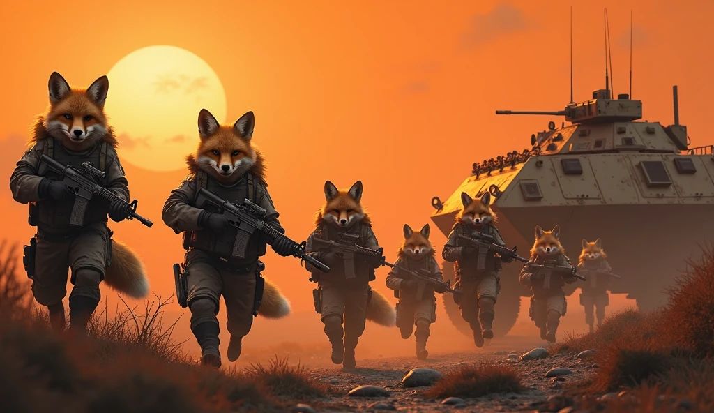 Lots and lots of foxes with guns. On a dark orange background with armored vehicles of the apocalypse, in crossout style. High realism