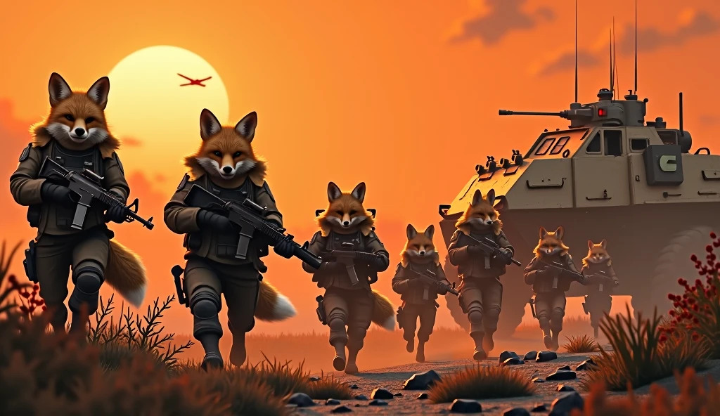 Lots and lots of foxes with guns. On a dark orange background with armored vehicles of the apocalypse, in crossout style. High realism