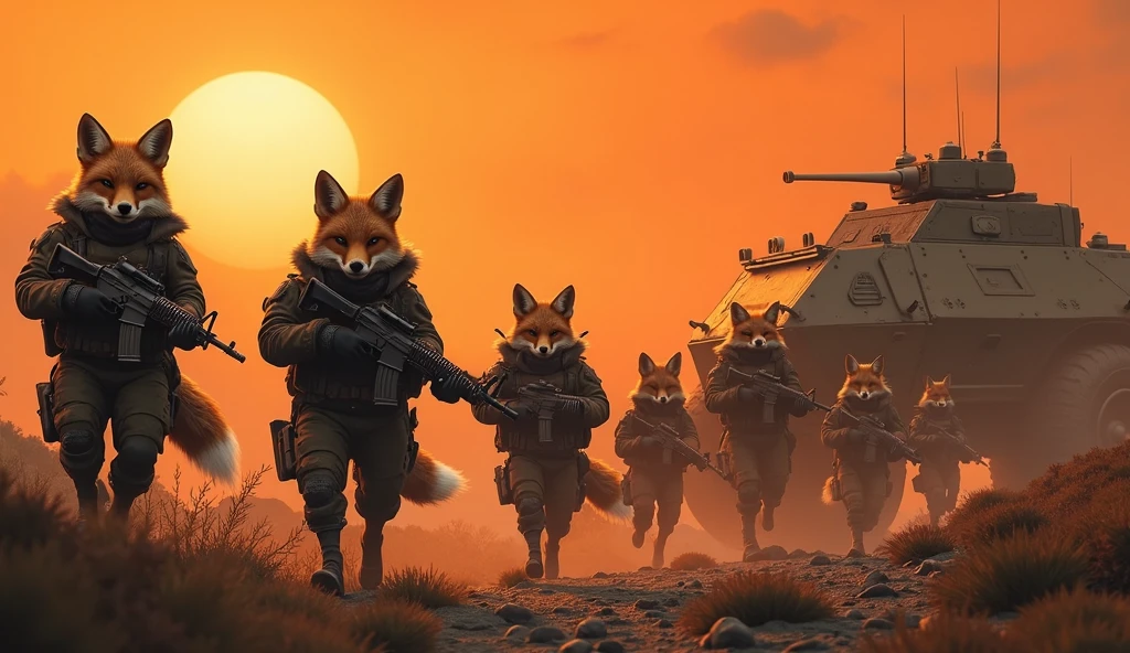 Lots and lots of foxes with guns. On a dark orange background with armored vehicles of the apocalypse, in crossout style. High realism