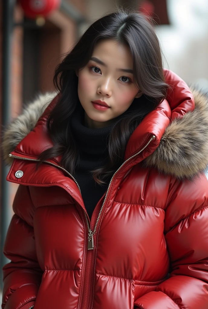 Cute Chinese Woman,Wearing a very large, tight, shiny down coat, Thick eyebrows, Realistic, masterpiece, moncler, Fluffy fur hood, , Wavy Hair, Large Breasts, Silk bra open coat,