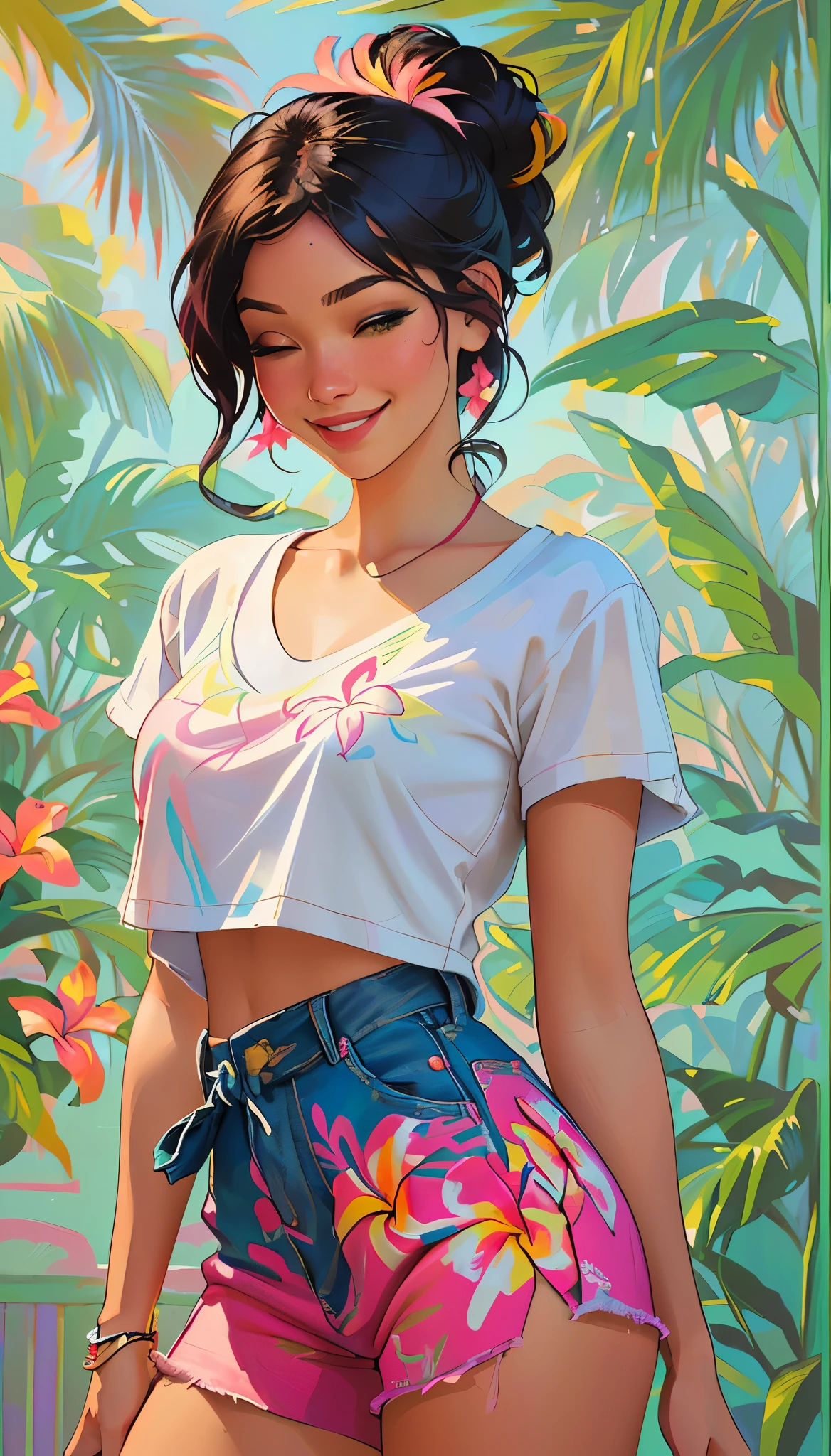 Neo-impressionism expressionist style oil painting. Portrait upper body centered. A young woman wearing a plumeria flower design t-shirt and jean shorts with tropical flowers in her Asian multi-color hair, one eye closed, smiling. smooth post-impressionist impasto texture. Thick layers of colourful textured paint. Vivid hues of pink and green. Illuminated by soft warm sunlight filtering through palm trees. Gentle bokeh blur in the background. 'Adam Hughes'. ' Bethesda Softworks style'. '80s pop art colors'. 'Impressionist'. ' Expressive brushstrokes'. 'Vibrant floral patterns'. 'Youthful energy'. 'Tropical atmosphere'. 'Summer vibes'. 'Dreamy soft focus'. 'Beautiful abstract details'.