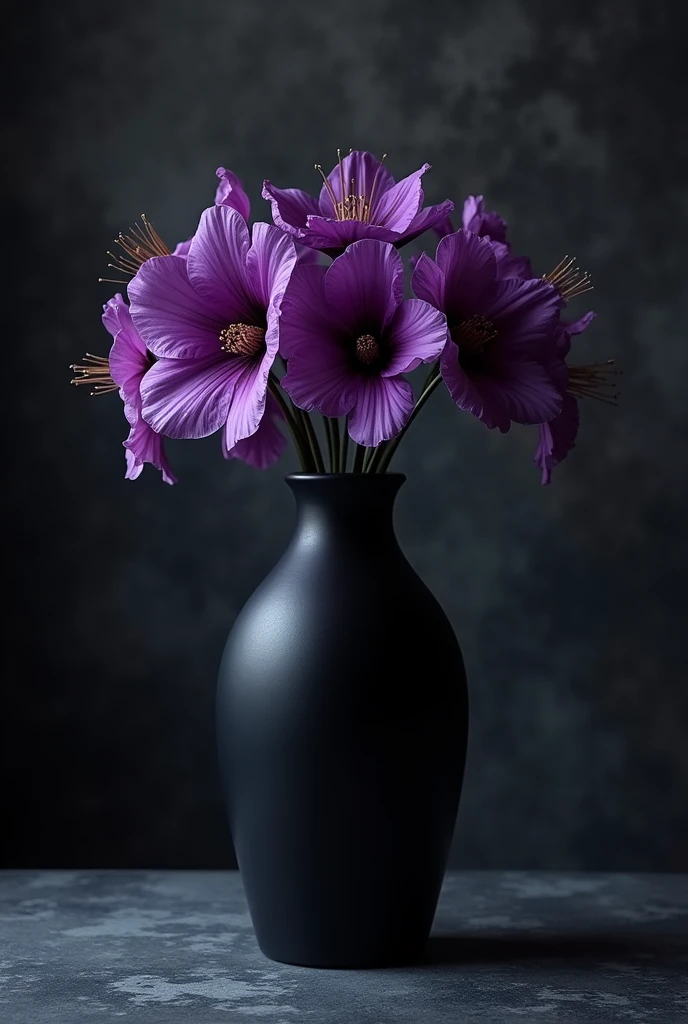 An image of a black vase painting, on a dark background, with Atropa Belladonna flowers inside
