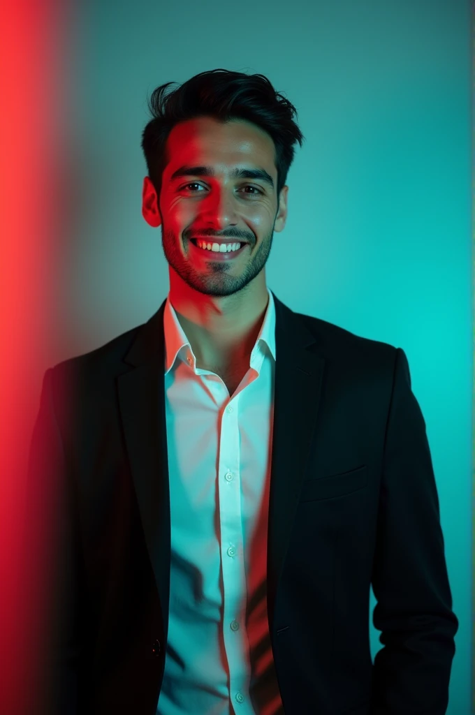 A young man with dark hair and a confident smile. He is dressed in a black blazer over a white shirt. The man is positioned against aqua colour backdrop with a subtle red lighting on the left side. and he posing for Linkedin profile