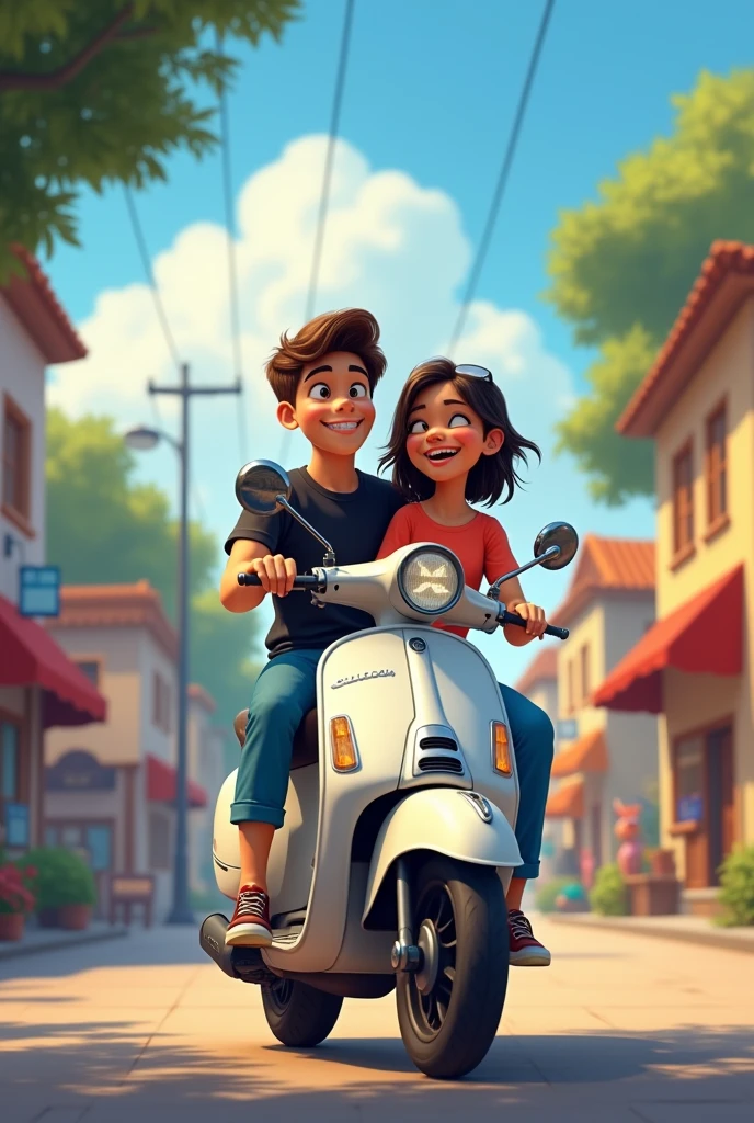 Two best friends setting on a scooty with black t-shart and blue pants