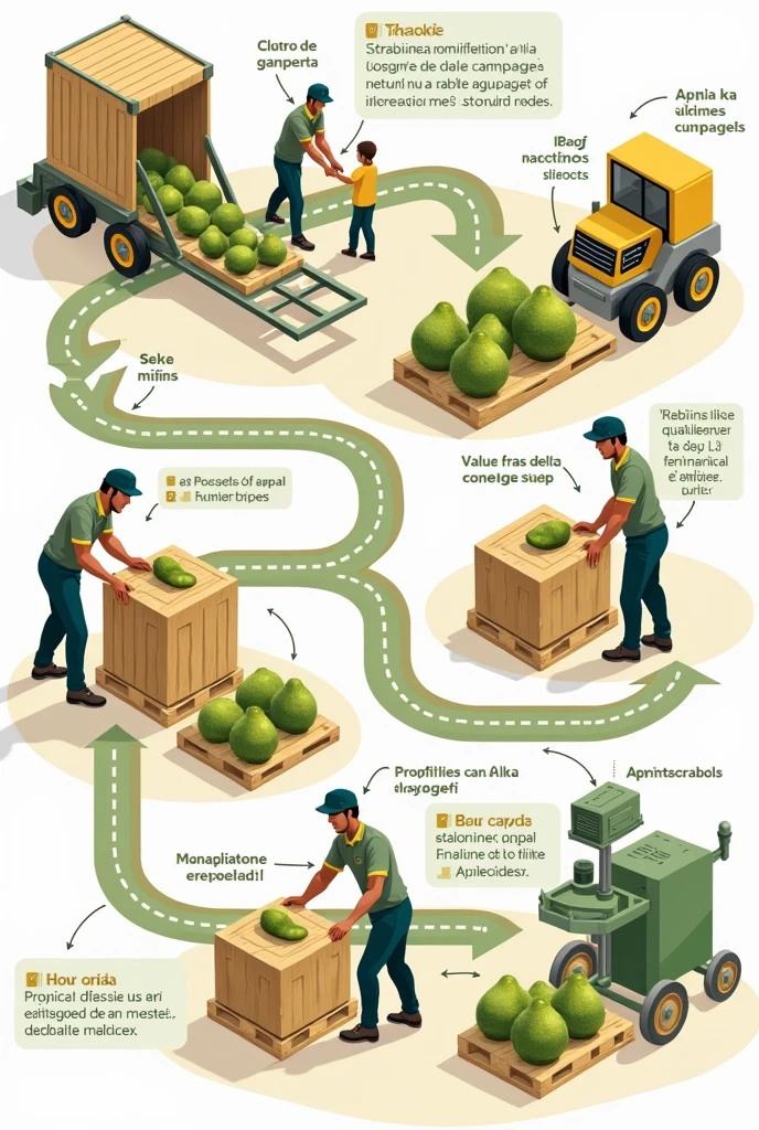 Develop a diagram of the actions to be taken for stacking avocado crates and the types of machinery that would be used in the maneuver in such a way that it does not cause damage to the fruit in a hypothetical scenario., GIVE ME THE CONTENT IN SPANISH