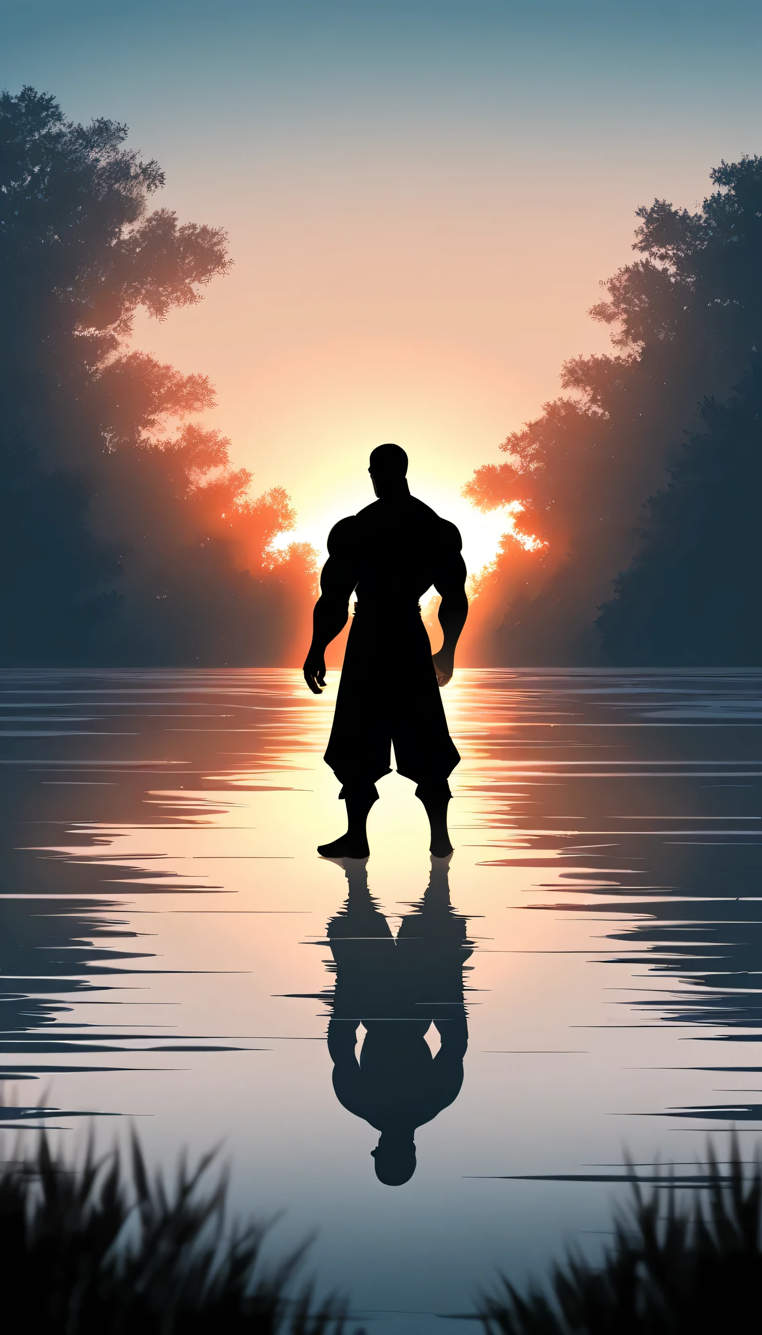 Two Strong Buddhist muscular man stands in the smoke, Two Man，Black jumpsuit, Very tight, Silhouette effect, Tall muscular man, Priapus, Dark Black, Dark black skin, Buzz Cut, His muscles are very developed, Very tall, short hair, Blend into the smoke, Lake, Reflection, Sunset, Sunset, Man silhouette, Chinese, black and white, Simple style