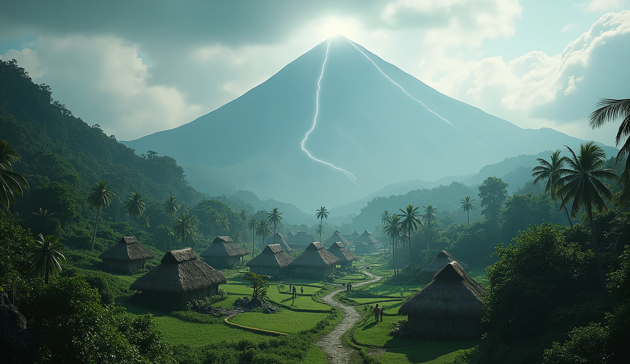 Village from ancient Ternate island, Maluku, Indonesia with an abstract white light on the top of the mountain that stretches straight towards the sky