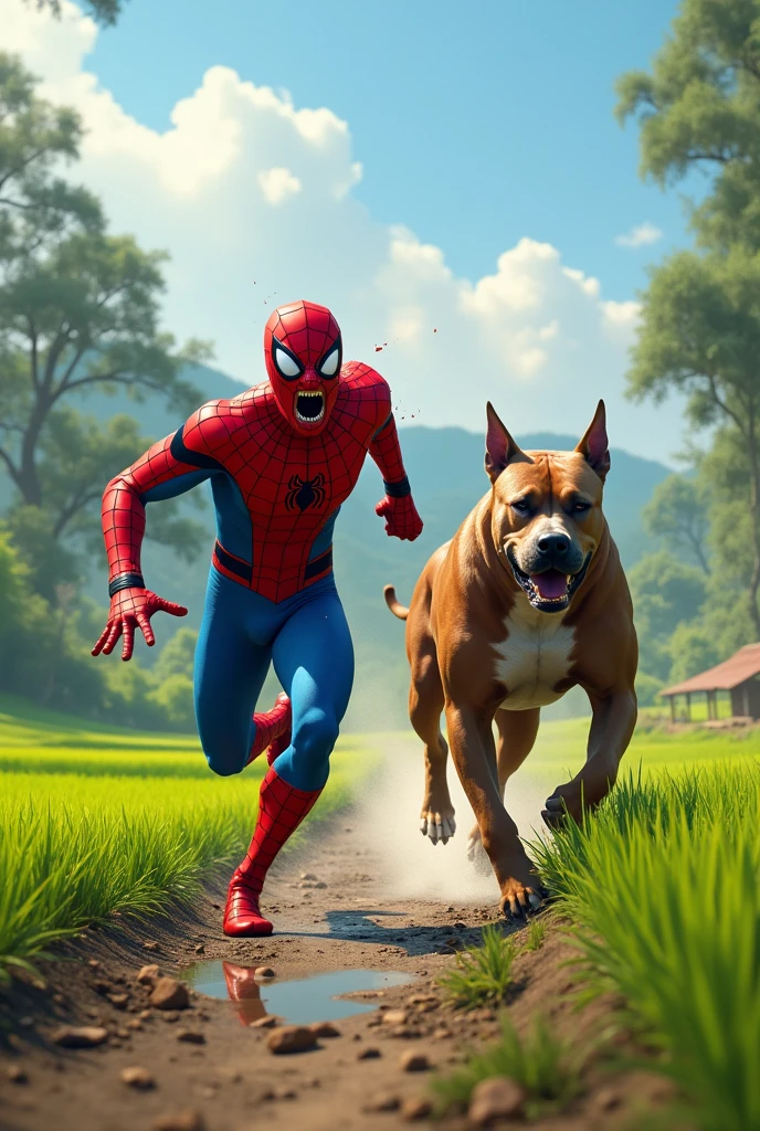 A highly realistic and comically exaggerated scene set near a rice field in a rural area. Spiderman, in his red and blue suit, is seen sprinting away in sheer panic, his arms and legs flailing wildly as he runs, terrified, from a determined Pitbull chasing him. The Pitbull is close behind, with its strong, muscular build and focused expression, adding to the humor of the situation. Spiderman’s exaggerated expression of fear, with wide eyes and a comical, open-mouthed scream, enhances the hilarity of the moment. The setting includes vibrant green rice paddies, a few scattered trees, and a clear blue sky, contrasting sharply with Spiderman's usual heroic demeanor. The scene captures the chaotic and funny moment perfectly. no blurring, no blurring, perfect fingers.