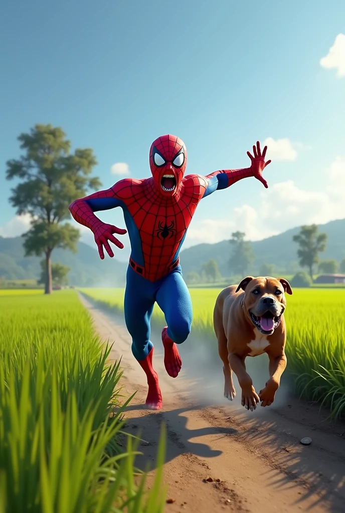 A highly realistic and comically exaggerated scene set near a rice field in a rural area. Spiderman, in his red and blue suit, is seen sprinting away in sheer panic, his arms and legs flailing wildly as he runs, terrified, from a determined Pitbull chasing him. The Pitbull is close behind, with its strong, muscular build and focused expression, adding to the humor of the situation. Spiderman’s exaggerated expression of fear, with wide eyes and a comical, open-mouthed scream, enhances the hilarity of the moment. The setting includes vibrant green rice paddies, a few scattered trees, and a clear blue sky, contrasting sharply with Spiderman's usual heroic demeanor. The scene captures the chaotic and funny moment perfectly. no blurring, no blurring, perfect fingers.