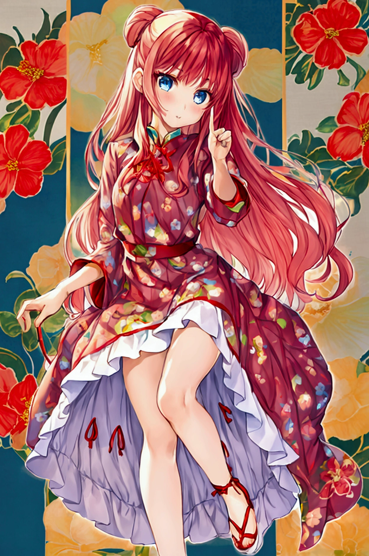 Using the female Saotome Ranma prototype, make a girl,Clear contours, Colorful full body photos, (Beautiful and delicate eyes), (pretty face:1.3), childish face, red long straight hair, (Bangs), bumpy Bangs, blue gray eyes, big eyes，Red printed long skirt(Practical:1.2),(Floral Print), White long-sleeved shirt(細Floral Print), (Practical:1.7),Face the camera head-on，One foot is slightly bent against the calf of the other leg，Just make a small triangle and lift it up slightly，At this time, make a Y gesture with your hand。