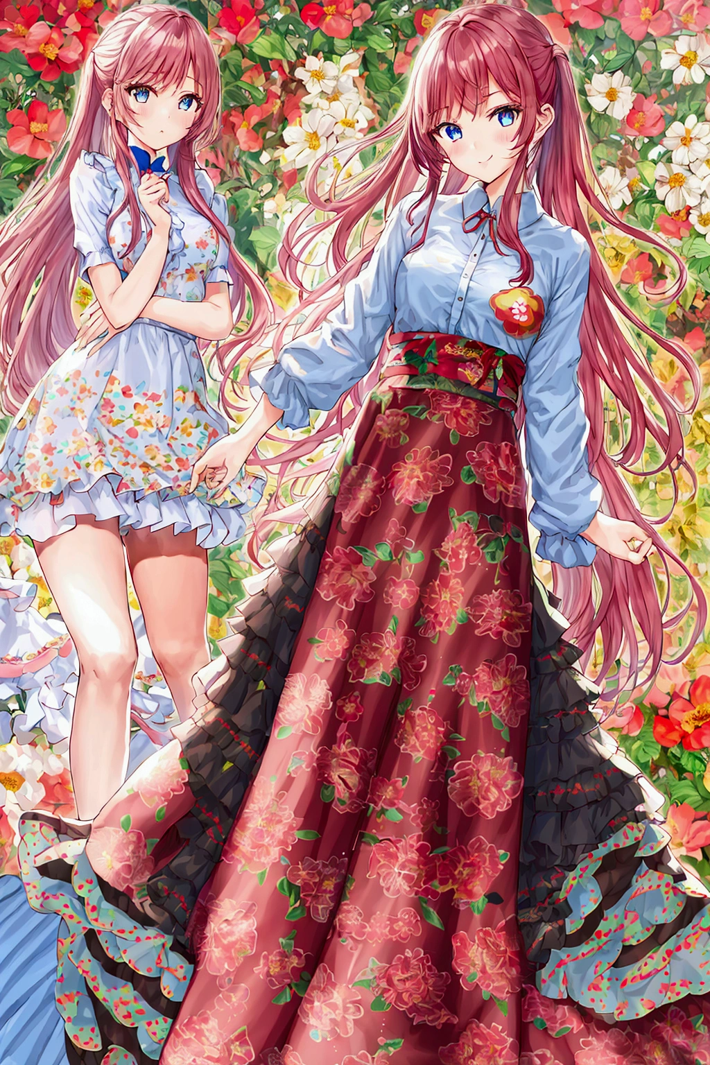 Using the female Saotome Ranma prototype, make a girl,Clear contours, Colorful full body photos, (Beautiful and delicate eyes), (pretty face:1.3), childish face, red long straight hair, (Bangs), bumpy Bangs, blue gray eyes, big eyes,Red printed long skirt(Practical:1.2),(Floral Print), White long-sleeved shirt(細Floral Print), (Practical:1.7),Face the camera head-on,One foot is slightly bent against the calf of the other leg,Just make a small triangle and lift it up slightly,At this time, make a Y gesture with your hand。