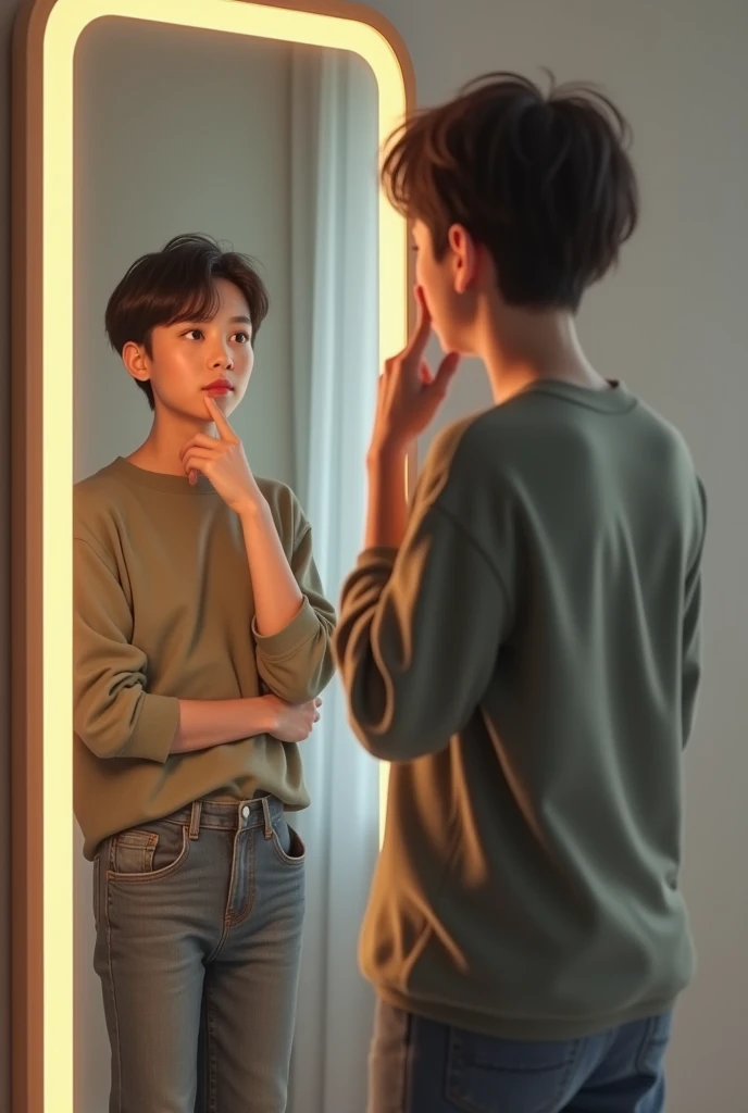 A person rating their image in front of a mirror