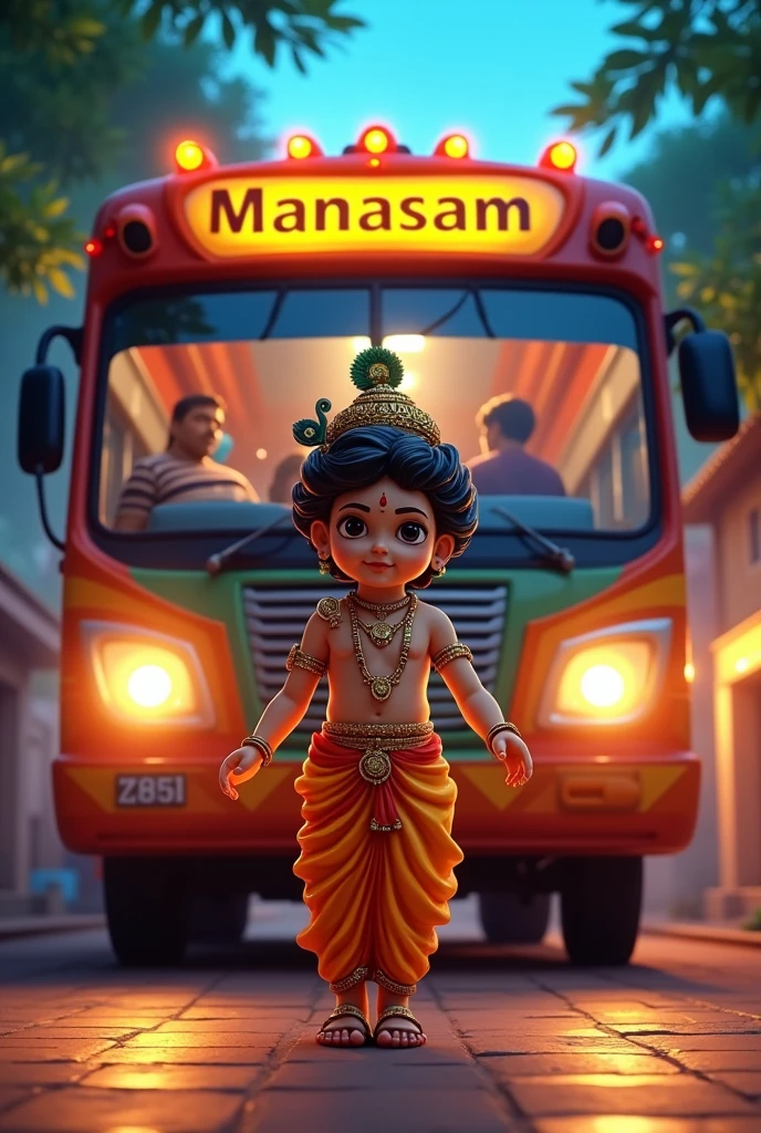 A kerala bus named manasam no kl 59 h 3656 littil loard krishna standing front of the bus and all light on