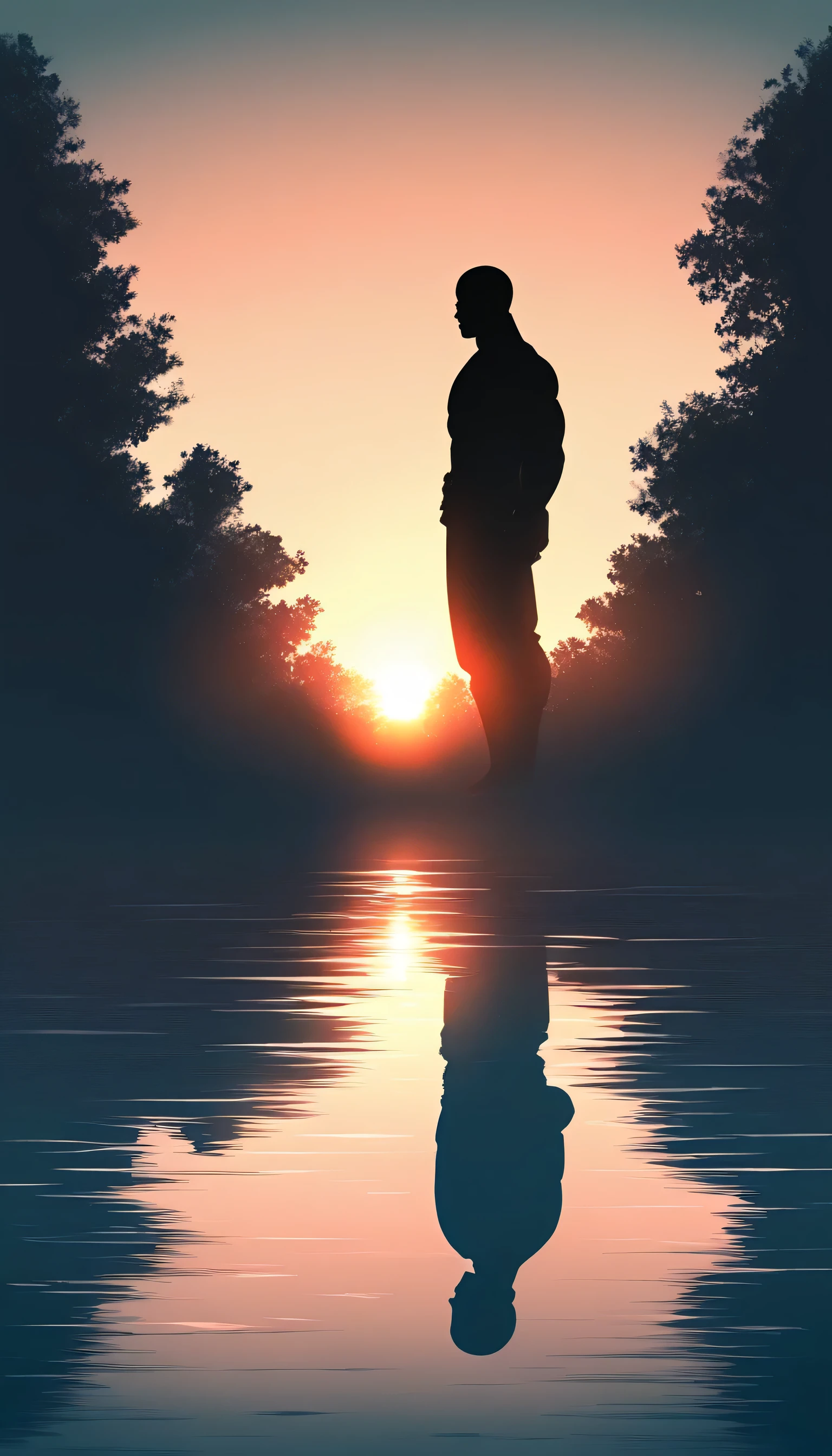 Two Strong Buddhist muscular man stands in the smoke, Two Man，Black jumpsuit, Very tight, Silhouette effect, Tall muscular man, Priapus, Dark Black, Dark black skin, Buzz Cut, His muscles are very developed, Very tall, short hair, Blend into the smoke, Lake, Reflection, Sunset, Sunset, Man silhouette, Chinese, black and white, Simple style