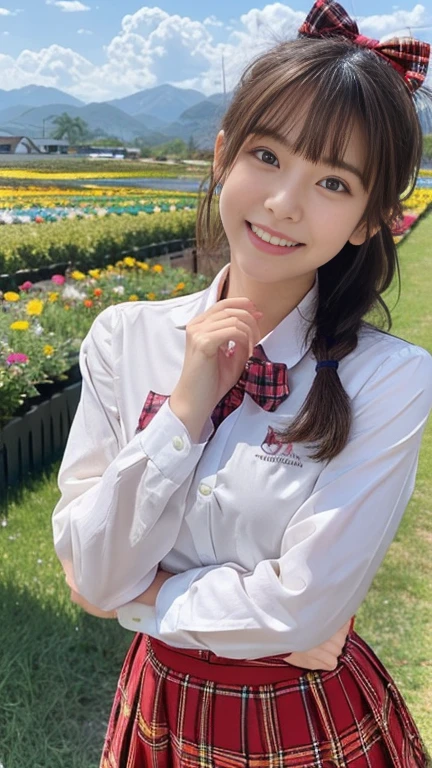 Tabletop、 Highest quality、 8k、(Golden ratio face、Balanced Eyes、Very lively eyes、Slightly droopy eyes)、double eyelid、Innocent face、Young Face、Beautiful Nose、Embarrassed Laugh、Lip gloss、Balanced style、Ponytail Hair、so beautiful、Downward、Beautiful solo like a model、 Red ribbon in hair 、A bow tie、Sailor suit、White shirt、Tartan Check Skirt、１６Year、nice smile、teeth、There is wind、The sun is dazzling、Standing on a mountain where the flower fields are in full bloom、