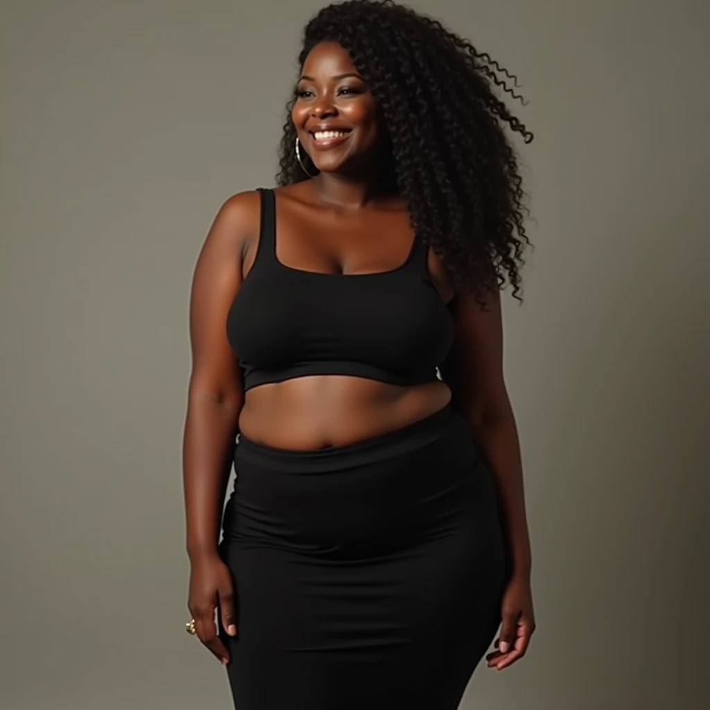 Curvy ebony girl, big hips, big butt, busty, slim stomach, slim waist, fully clothed, tank top and tight fitted black long skirt