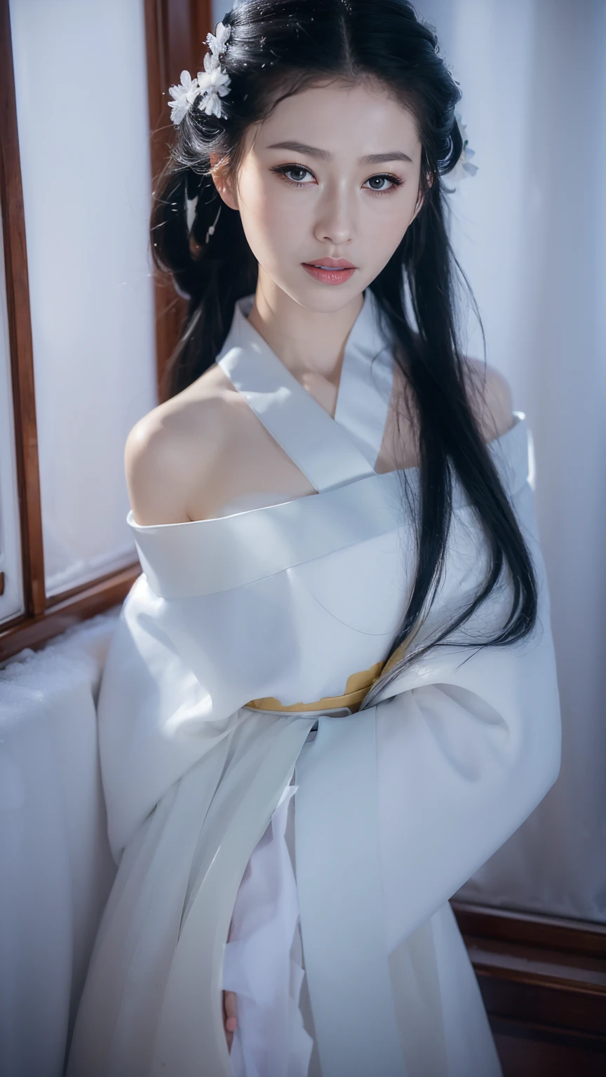 1 Fashion Model [[[[close up]]]], [[[[neck]]]], [[[[Shoulder]]]], (((Complete head)))，(((Complete hairstyle)))，Perfect eyes, Perfect Iris，Perfect lips，Perfect Teeth，Perfect skin，White skin，Soft headlights，High-density imaging，Black long hair，（Clean and delicate face），((Simple white Hanfu))，((Half-length photo))，((There is white snow outside the window))，((winter))，((Various dynamic poses))，((The background is the snow outside the window))，best quality，masterpiece，（Soft colors：1.2）