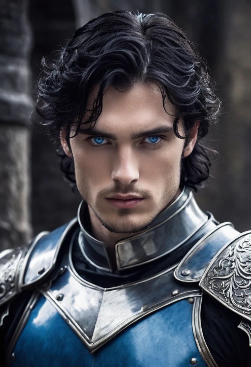 A Darkly handsome Knight with thick, fluffy black hair that spills over his face. He is a caucasian and has pale white skin. He is thick and hulky, a perfect body. He has light stubble but he keeps himself shaved. His shoulders are broad, he is a bodybuilder. He is tall and imposing, sporting icy-blue eyes with a depressed aura. Dark Medieval Fantasy genre, broad defined jawline with a thick neck.