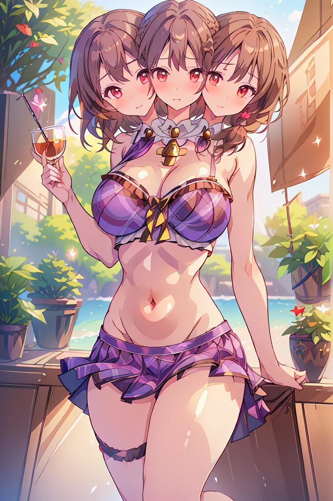 (masterpiece, best quality), best quality, (ultra-detailed), (((3heads:1.5)))), 1girl, (sumireko usami:1.3), masterpiece, best quality, ultra quality, ultra resolution, ultra detail, purple plaid top, crop top, ((stomach)), midriff, ((groin)), purple plaid skirt, normal ears, shackles, brown hair, shoulder-length hair, short pigtails, short hair, ((brunette)), sidelocks, brown eyes, detailed eyes, parted lips, smiling, cute smile, cute, open belly, toned belly, hand on own chest, eyelashes, (2 woman:1.3), (masterpiece:1.5), (best quality:1.5), (beautiful detailed), extremely detailed CG, extremely delicate and beautiful, depth of field, (finely detailed face), (perfect details:1.2), (mature female:1.3), wide pelvis, slender, large veiny breast, 16k resolution, highres, very high quality, very high definition, extremely detailed, masterpiece, brown hair,short hair, alluring presence, braid, short skirt, close up, very big tits, huge breasts, young, fedora, girl with three heads, three headed girl,