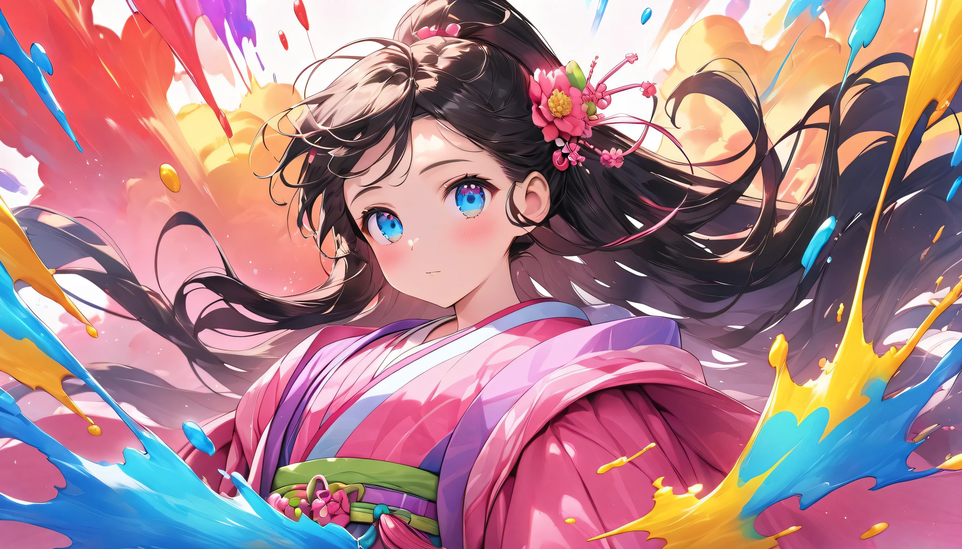 (Pink Fashion T-Camisa,:1.9),(colorfulな髪:1.8),(All the colors of the rainbow:1.8),((((Vertical pintng:1.6))),(Picturesque:1.6),surface side,comics,figure,Picturesque,With big eyes,Crystal Clear,(Rainbow gradient high ponytail:1.7),Elaborate makeup,Mouth closed,(Small fresh:1.5),Long eyelashes,White Shoulder T-shirt,, White shoulder shirt,Looking at the audience,Big, teary eyes,(Rainbow Hair:1.6), Color splash, (alone:1.8), Color splash, An explosion of colors, Color splash, An explosion of colors, Thick paint style,Messy Lines,((Shiny,)) ,(colorful,,), Thick paint Style, (splash) (Color splash), Vertical painting, Upper Body, paint splash, Acrylic Pigments, Slope, paint, Best image quality, Best image quality, masterpiece, alone, Depth of written boundary, Face paint, colorful clothes, (Elegant: 1.2), Brilliant, Long Hair, Wind, (Elegant: 1.3), (Petaled: 1.4),(((マスターmasterpiece))),(((the best quality t))),((Super detailed)),(Illustration),(Dynamic Angle),((floating)),(pint),((Hair loss)),(alone),(One person) , (( (Detailed anima face))),((Beautifully detailed face)),first round,Exposing shoulders,Gray Hair,((Color Fell Hair)),((Striped Hair)),(( (Blue eyes))),(((colorfully background))),(((High chroma))),(((Surrounded by colorful splashes))),(Hanfu), Full body portrait