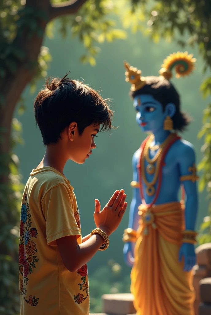 एक चौधह साल का भरतीय लड़का , थोडा श्यामला जिसकी टी-शर्ट मे प्रिंस लिक है , श्री कृष्ण जी को प्रणाम करते हुए।
