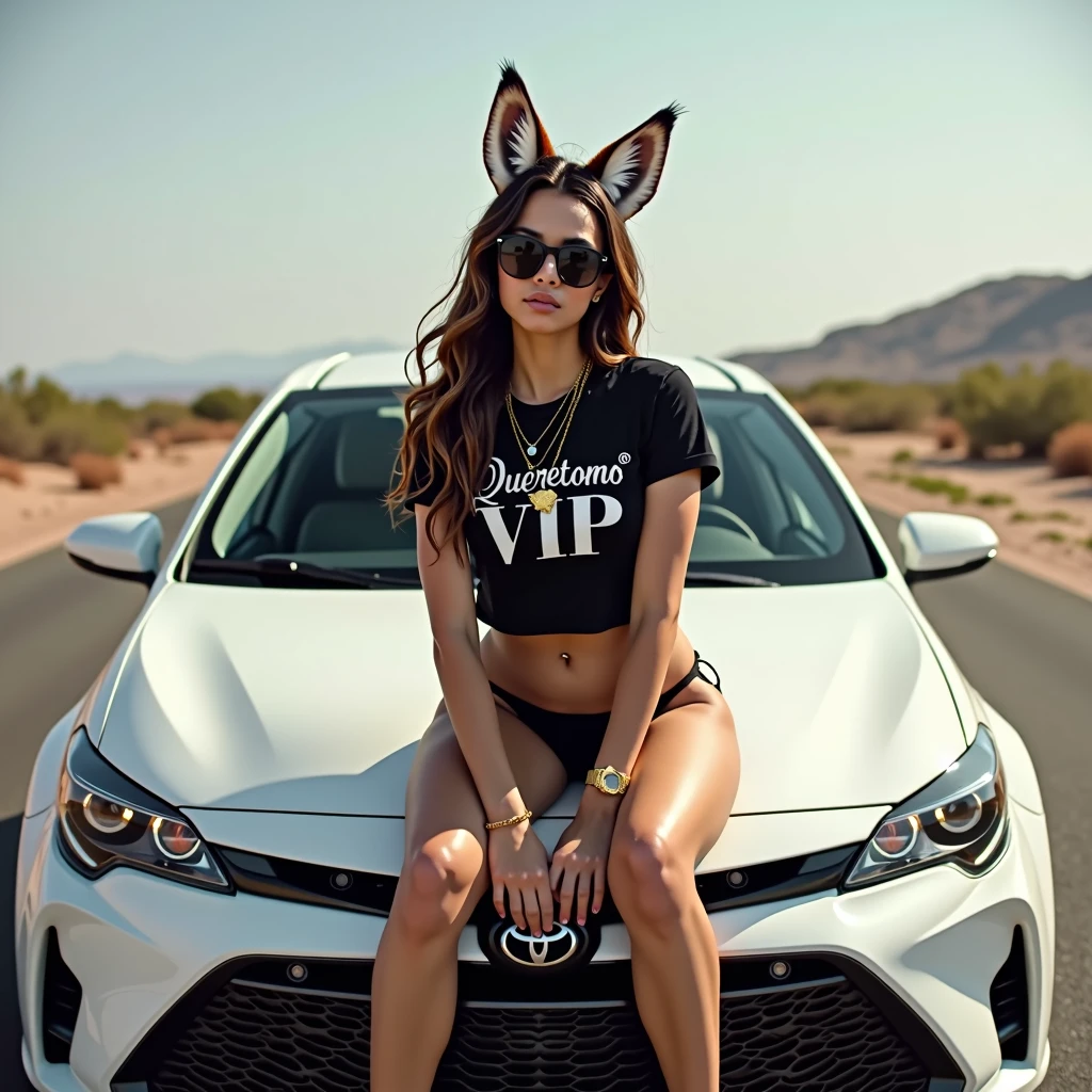 Latin woman, 18 years, Brown hair, huge breasts, athletic body, Athletic legs, black lingerie, fox ears, Black t-shirt cut to the navel with the legend: Queretaro VIP", Sunglasses, black Adidas tennis shoes, gold watch on the wrist, gold chain with on the neck, sitting on the hood of a white 2016 Toyota Corolla, on a deserted road