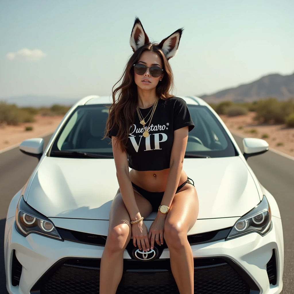 Latin woman, 18 years, Brown hair, huge breasts, athletic body, Athletic legs, black lingerie, fox ears, Black t-shirt cut to the navel with the legend: Queretaro VIP", Sunglasses, black Adidas tennis shoes, gold watch on the wrist, gold chain with on the neck, sitting on the hood of a white 2016 Toyota Corolla, on a deserted road