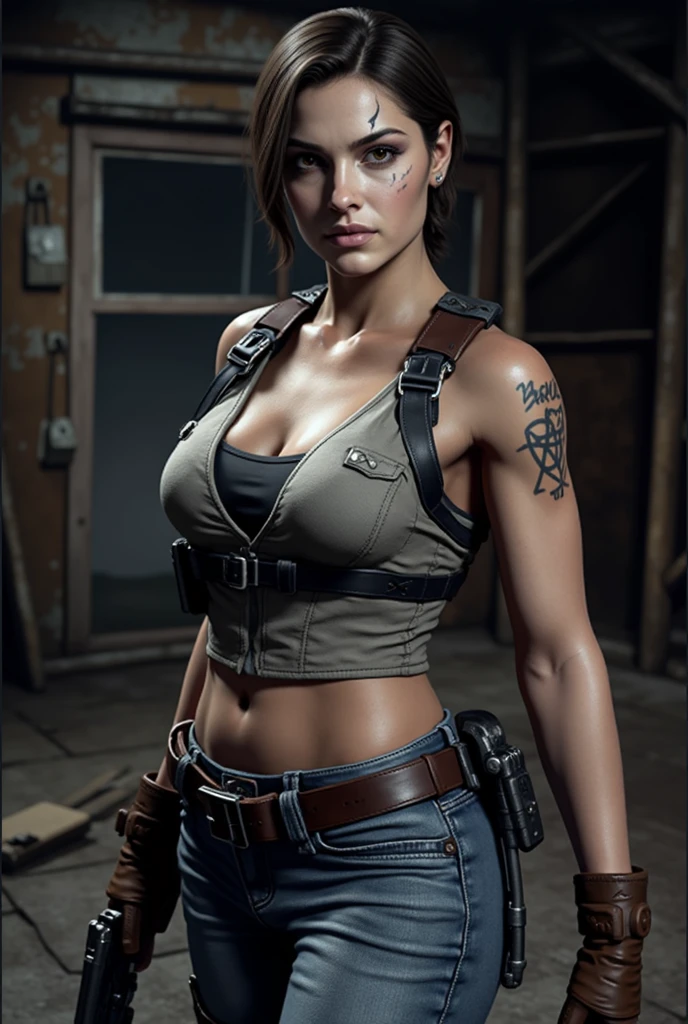 Create the image of a female character of Brazilian origin from Resident Evil 4 remake who has long dark brown curly hair and dark brown eyes and brown skin with a tattoo on her arms and a scar on her left eyebrow Wearing a brown tank top with gloves and black jeans with gun belts