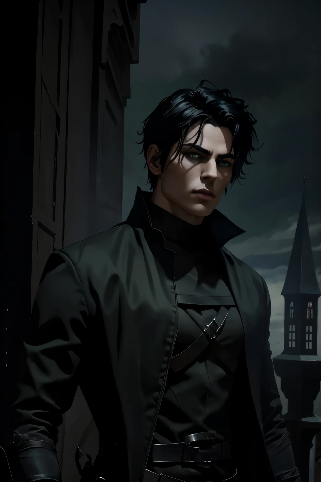 (an androgynous male assassin:1.1),wild black hair,green eyes,slim,black assassin clothing,in a castle,medium:oil painting,detailed background,moody lighting,vivid colors,dark and mysterious ambiance,ominous atmosphere