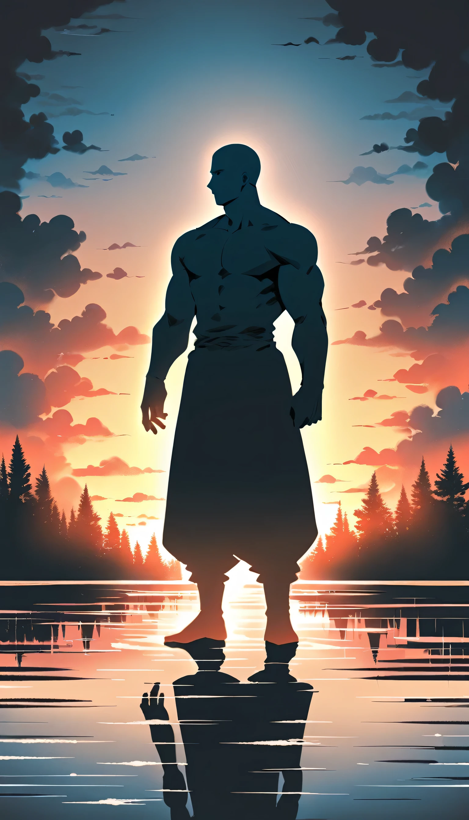 Two Strong Buddhist muscular man stands in the smoke, Two Man,Black jumpsuit, Very tight, Silhouette effect, Tall muscular man, Priapus, Dark Black, Dark black skin, Buzz Cut, His muscles are very developed, Very tall, short hair, Blend into the smoke, Lake, Reflection, Sunset, Sunset, Man silhouette, Chinese, black and white, Simple style