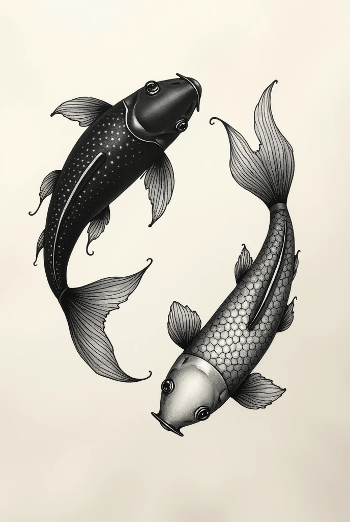 The tattoo shows two koi fish swimming in opposite directions., creating an interesting contrast between the two. The koi on top is mostly covered in black ink, with details of empty spaces that simulate light spots. The other koi, On the bottom, It is outlined and shaded with fine lines and pointillism, showing delicate details in the scales and fins. Both fish appear to be moving, with the fins and tails flowing towards the center of the design, which suggests balance and harmony. The style is minimalist and elegant, focused on the shape and contrast of the fish.
