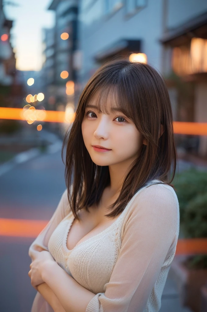 (Highest quality,masterpiece:1.3,Ultra-high resolution,),(Very detailed,Caustics),(Realistic:1.4,RAW shooting,)Ultra-Realistic Capture,Very detailed,High resolution 16K suitable for human skin、 (I like tight knits、Accentuated breasts)Natural skin texture、、Skin tone is even and healthy looking、 Use natural light and colour,One Woman,Japanese,,cute,Brown Hair,Mid-length hair,(Written boundary depth、chromatic aberration、、Wide range of lighting、Natural Shading、)、(Outdoor lighting at night:1.4)、(Hair swaying in the wind:1)、short hair、Outward flicked edge