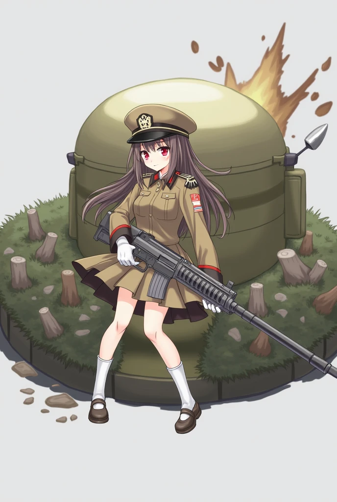 anime girl in uniform with a gun and a hat anime maid nazi ss military with rifle, 1girl, solo, blush, bangs, skirt, simple background, shirt, black hair, red eyes, gloves, long sleeves, hat, white background, holding, closed mouth, standing, jacket, full body, weapon, shoes, socks, white gloves, black footwear, holding weapon, uniform, gun, military, military uniform, white socks, holding gun, armband, rifle, brown skirt, brown jacket, military hat, brown headwear, assault rifle, brown shirt, anime style, from girls frontline, fine details. girls frontline, girls frontline universe, girls frontline style, girls frontline, girls frontline cg, soft anime illustration, 2 0 2 2 anime style, 2022 anime style, pixiv contest winner, pretty anime character design, render of april
