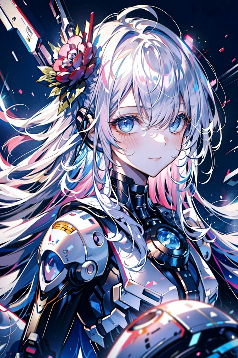 (best quality, Detailed background, high resolution, ridiculous, bloom, disheveled hair, shiny hair, exposed to light, High and cold, Focused and meticulous gaze),Holy girl，粉色hair，blue eyes，Smile，1 girl with facial paralysis, earpiece, long hair, silver hair, What's the big deal_Chest, put your arms behind your back, daytime, Outdoor sports, Black Forest, water, Creek,
hair_decorate, (hair over one eye),  whole body, portrait,