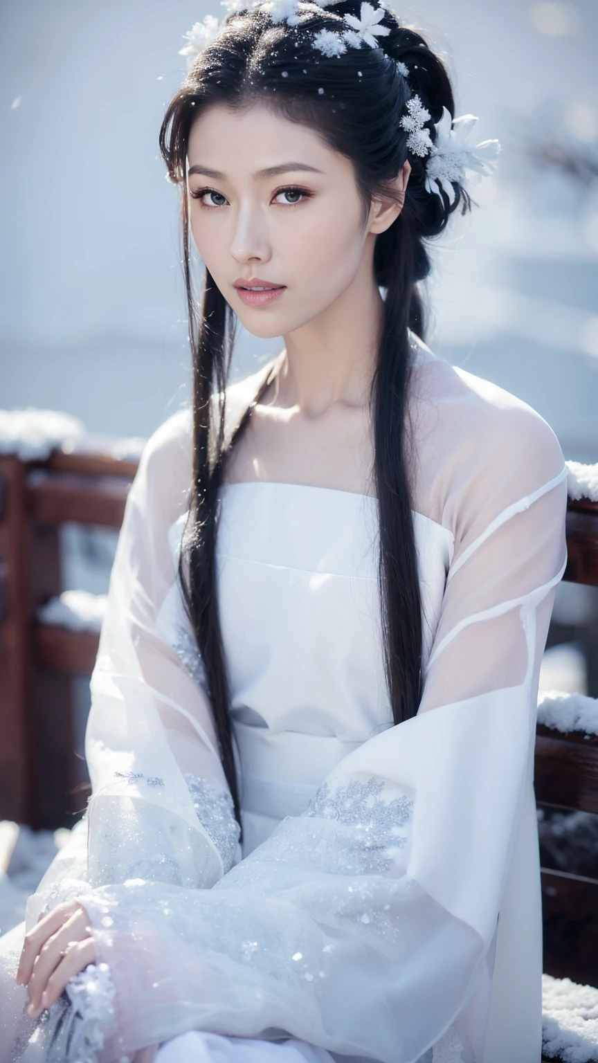 1 Fashion Model [[[[close up]]]], [[[[neck]]]], [[[[Shoulder]]]], (((Complete head)))，(((Complete hairstyle)))，Perfect eyes, Perfect Iris，Perfect lips，Perfect Teeth，Perfect skin，White skin，Soft headlights，High-density imaging，Black long hair，（Clean and delicate face），((Simple red Hanfu))，((Half-length photo))，((Snow Scene))，((winter))，((Various dynamic poses))，((Background with snow and rime))，best quality，masterpiece，（Soft colors：1.2）