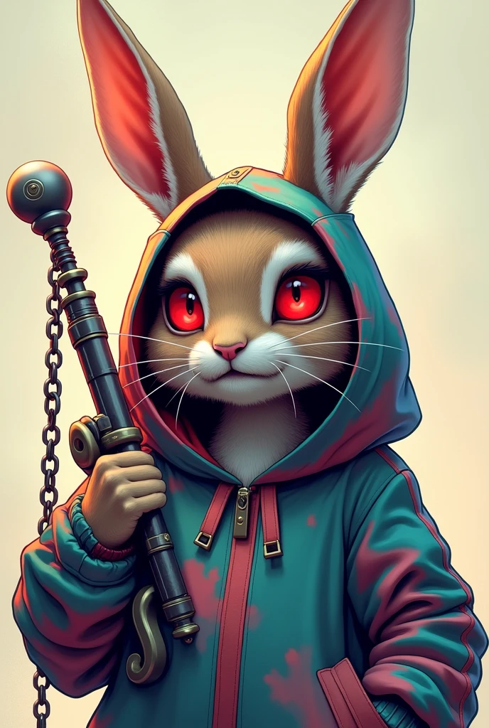 ((((masterpiece, best quality, ultra detail, very_high_resolution, large_filesize, full color)))), Cool rabbit, sharp eyes, cool, Red pupils, Wearing an oversized hoodie, Colorful hoodies, Carrying a weapon with a metal ball attached to it on a chain,