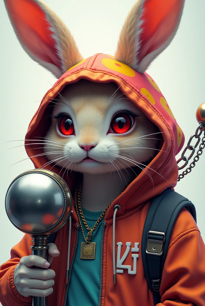 ((((masterpiece, best quality, ultra detail, very_high_resolution, large_filesize, full color)))), Cool rabbit, sharp eyes, cool, Red pupils, Wearing an oversized hoodie, Colorful hoodies, Carrying a weapon with a metal ball attached to it on a chain,
