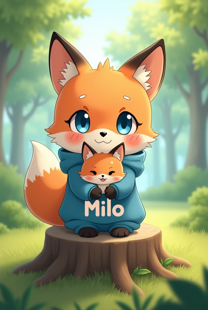 A cute little fox with blue eyes and a blue hoodie with a pattern that says "milo" on it. The picture looks like the work of the Makoto Shinkai. the fox is sitting in the forest on top of a tree stump, the fox is blushing and is happy. The fox is holding a fox stuffed animal. Fox is small, lovely, cute and happy. masterpiece, best quality