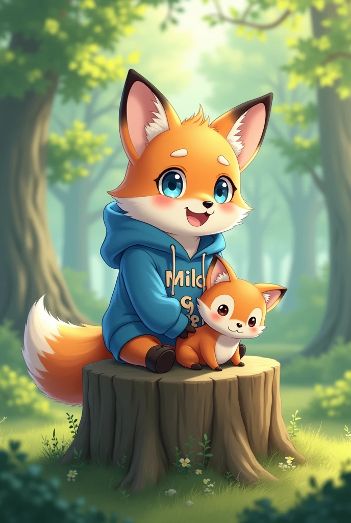 A cute little fox with blue eyes and a blue hoodie with a pattern that says "milo" on it. The picture looks like the work of the Makoto Shinkai. the fox is sitting in the forest on top of a tree stump, the fox is blushing and is happy. The fox is holding a fox stuffed animal. Fox is small, lovely, cute and happy. masterpiece, best quality