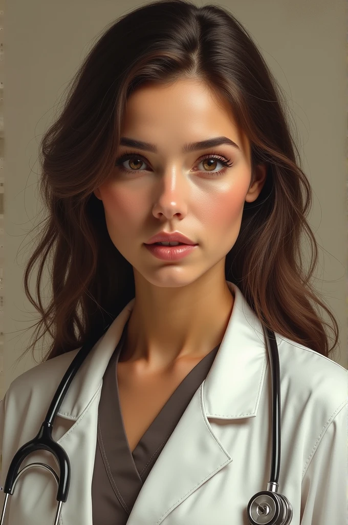 Create a drawing realism a half upper shoulder portrait of a doctor, color brown pure