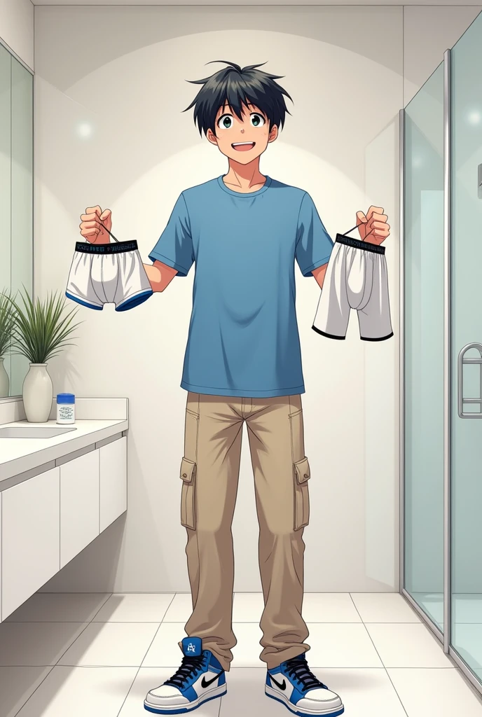 into the image, a cool male teenager with 1,80 tall, with white skin and straight black hair, is posing in a bathroom. He wears a blue t-shirt and beige cargo pants., complemented by a pair of Air Jordan sneakers in blue, black andwhite. The young man is holding 1 pair of underwear (of the boxer model), this underwear is white (of the size he uses) with both hands, showing it to the "Camera", with a happy and relieved expression. The bathroom in the background is modern and minimalist., with details like a large mirror and light tiles. The teenager's expression is relaxed and fun, besides him appearing relieved, giving a casual and informal tone to the image, In anime style, ele segura 1 cueca of the boxer model de tamanho que esse adolescente usa, He's not wearing any underwear and looks like he just took it off.!